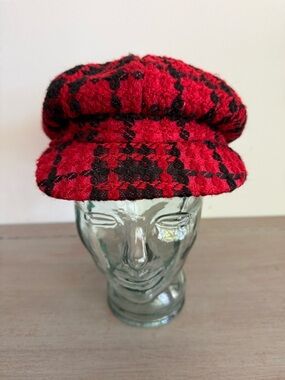 Vintage Red Houndstooth Plaid Baker Boy Hat Newsboy Boucle Wool Blend Cap OS